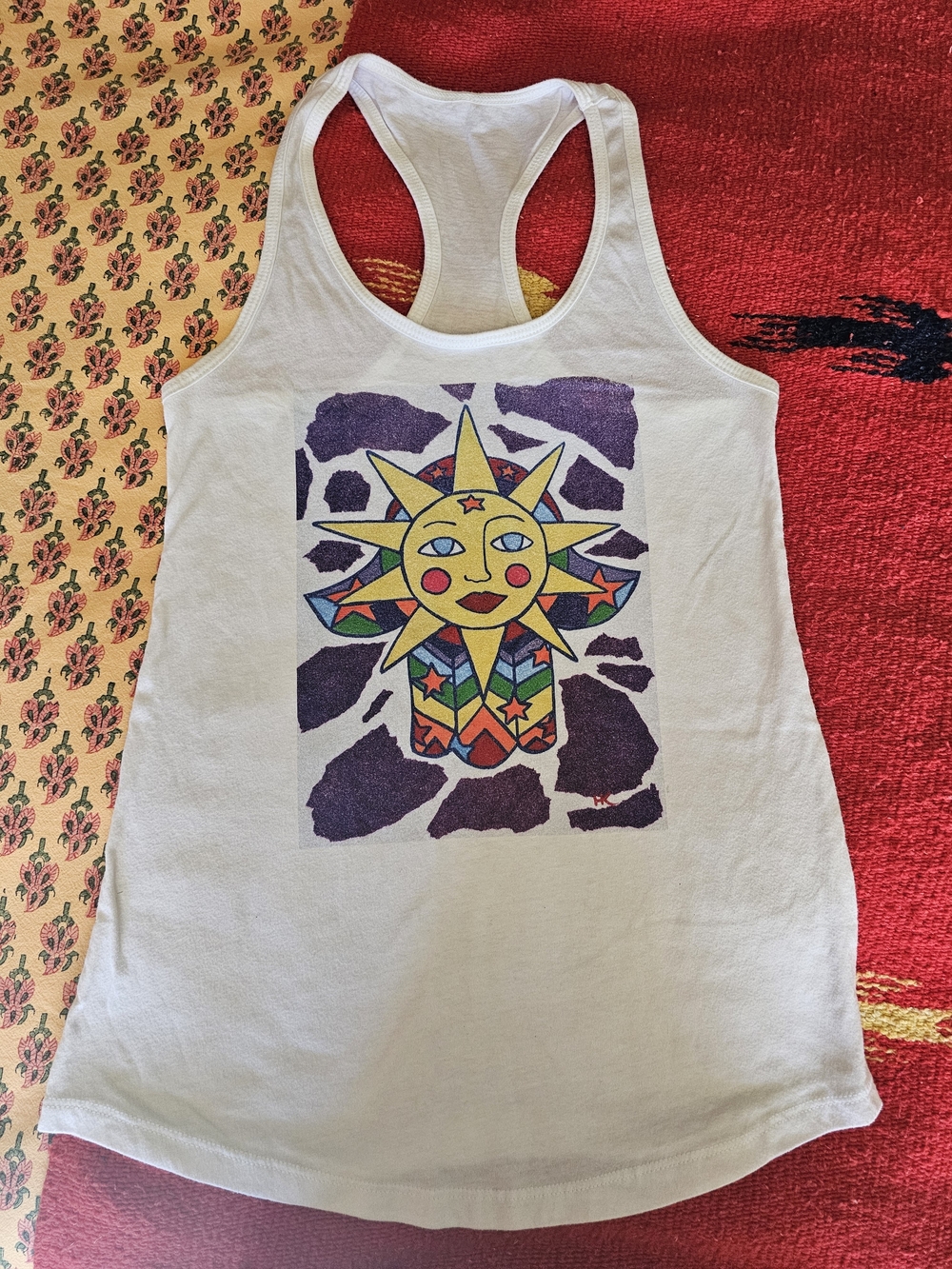 White Cotton Racerback Tank Top with Colorful Sun Art Yoga S
